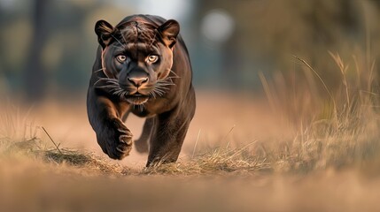 A majestic black panther stealthily moves through the tall grasslands as the golden hour casts a warm glow, its intense gaze fixed ahead
