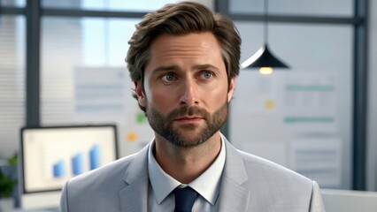 Fototapeta premium a businessman in a gray suit thoughtfully looking off camera in a modern office. The man is professional and serious, with a confident expression. 