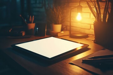 Glowing workspace at night with tablet and warm light creating an inviting atmosphere for creativity