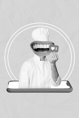 Creative photo collage of head cooker inside abstract smartphone display addicted user need popularity eat likes isolated on blue painted background