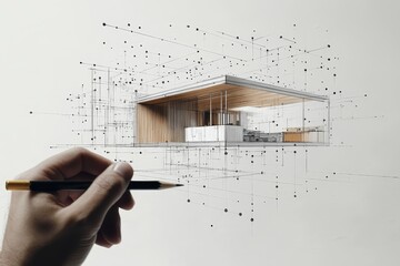 Conceptual architectural illustration of a modern kitchen design with sketching elements