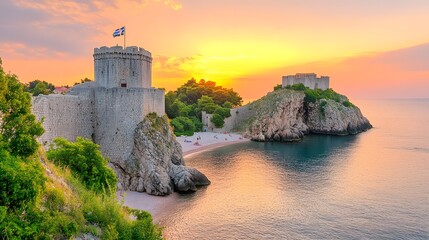 Castle on a cliff with sunset view from ancient city walls of dubrovnik croatia © Nick