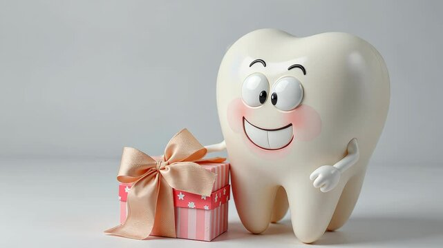  Happy tooth character holding a gift box promoting dental hygiene and care