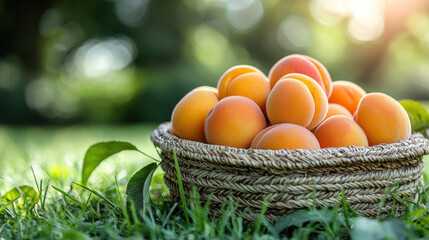 Ripe apricots in basket on grass in sunny garden