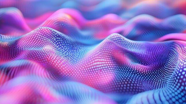 Pulsing waves of electric pink and cobalt blue light race through an infinite grid, their vibrant glow illuminating holographic patterns and casting soft reflections across the void.