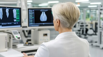 Obraz premium A healthcare professional carefully examines dental x-rays within a state-of-the-art clinic while performing a routine check-up