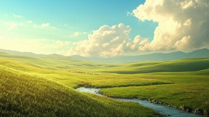 Fototapeta premium Serene Green Landscape With Stream and Bright Blue Sky