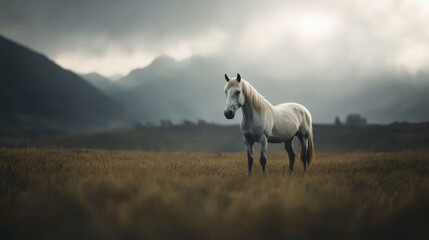 Obraz premium Majestic white horse in mountain pasture, sunrise
