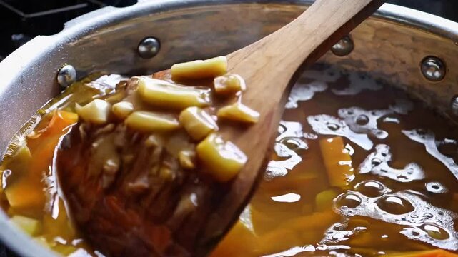 Wooden spoon stirring simmering vegetable soup in a metallic pot.