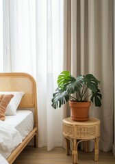 Cozy bedroom with plant and natural light