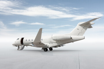 Modern white bizjet with an opened gangway door isolated on bright background with sky