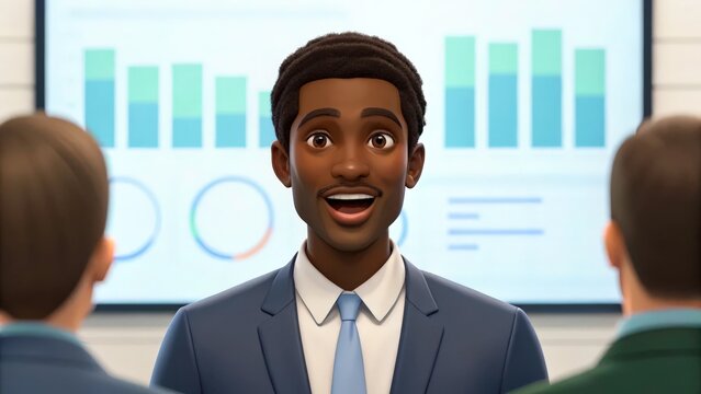 a young African-American businessman presents to a group of colleagues. His bright, animated smile and confident posture create a sense of excitement and enthusiasm for the future - Powered by Adobe