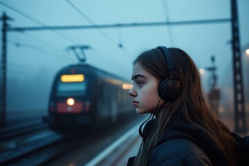 Fototapeta premium Teen girl with headphones standing at a foggy train station, deep in thought as a train arrives in the background.