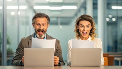 Surprised business colleagues reviewing documents on laptops