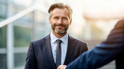 Fototapeta premium Smiling businessman shaking hands, closing a deal. A successful meeting outdoors.
