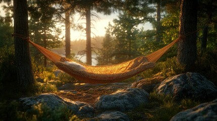 Obraz premium Sunset Hammock Relaxation, Forest, Lake View, Peaceful Scene