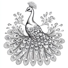 Fototapeta premium Elegant Black and White Illustration of a Peacock with Intricate Feather Details and Floral Elements