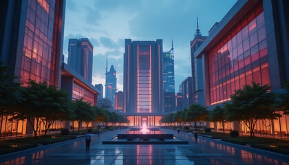 Fototapeta premium Modern Urban Courtyard at Sunset Futuristic Cityscape with Glass Buildings