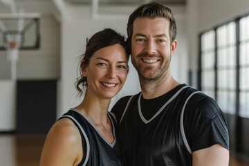 Fototapeta premium Portrait of a smiling caucasian couple in their 30s dressed in a high-performance basketball jersey in empty modern loft background