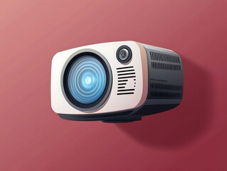 Sharp vector projector icon hovering on a warm maroon solid background with fine detail