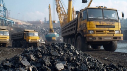 Coal transportation, port, industrial area, trucks.  Stock photo.