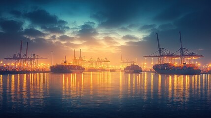 Fototapeta premium Sunset harbor cargo ships, cranes, industry, global trade