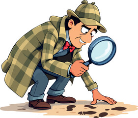 Vsai detective examining footprints with magnifying glass