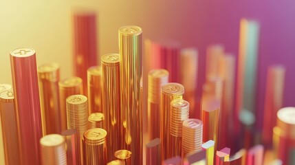 Business profits, rising bar graph with golden coins, 3D illustration.
