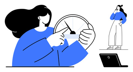 Woman directs gauge, suggesting measurement or control contemplative woman, laptop. Ideal for data analysis, progress tracking, decision-making, productivity, goal setting, technology efficiency