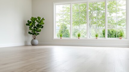 Fototapeta premium Empty room with large window, view of trees, modern interior