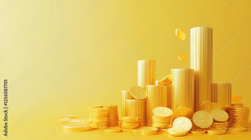 Sticker Business profits, rising bar graph with golden coins, 3D illustration.