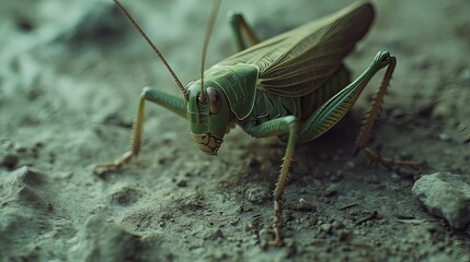 Green grasshopper walking on ground, blurred background, nature macro
