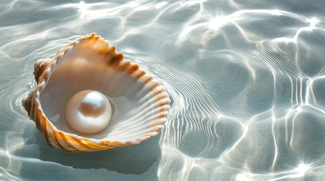 A beautiful shell with a pearl, partially submerged in sparkling clear water with gentle ripples.