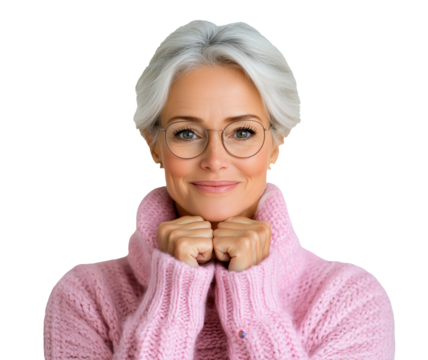 Smiling woman with short silver hair in pink sweater on transparent background expressing warmth and positivity - Powered by Adobe