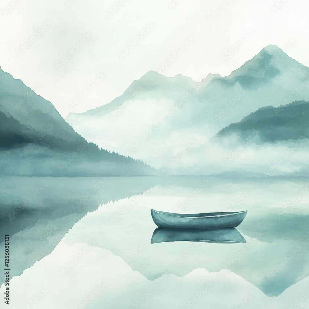 Poster serene watercolor art depicting a lone rowboat drifting on a calm mountain lake under a clear sky. g