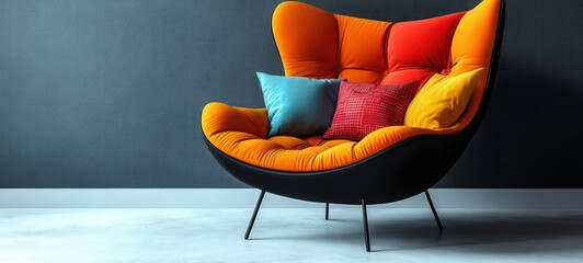 armchair with colorful patchwork pillows on blank background, showing off the modern design of the chair and bright colors.