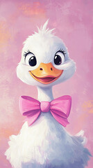 Cute white goose with pink bow, character design of a silly goose, vintage style