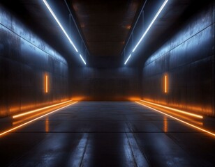 Fototapeta premium Big Large Neon Laser Blue Yellow Orange Dark Night Warehouse Tunnel Corridor Concrete Garage Grunge Sci Fi Futuristic Underground Showcase Car Parking Empty 3D Rendering