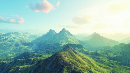 Fototapeta premium Majestic Mountain Landscape with Lush Greenery and Soft Clouds