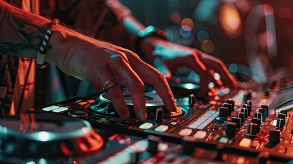 close up of a dj at the work, dj is mixing