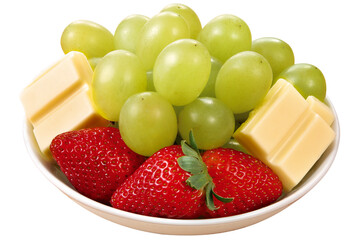 pote com morangos frescos, uvas verdes e barra de chocolate branco isolado em fundo transparente