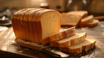 A freshly sliced loaf of bread on a rustic kitchen countertop with a knife beside it.