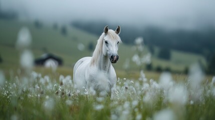 Fototapeta premium Majestic White Horse in Misty Mountain Meadow