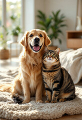 Naklejka na ściany i meble Golden retriever and tabby cat sit happily together in a stylish, modern home.