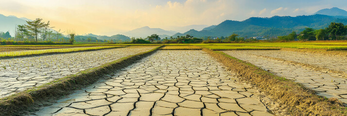 Dry rice field with cracked earth under bright sky highlighting agricultural challenges