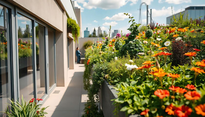 Fototapeta premium a close up of a planter on the side of a building, Urban Gardening, Autunm plants in big concrete planter on the street, created with generative ai