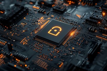 Close up of circuit board featuring lock icon on chip   cybersecurity concept in technology