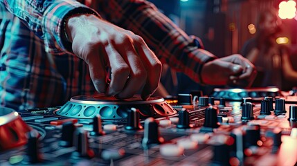 close up of a dj at the work, dj is mixing