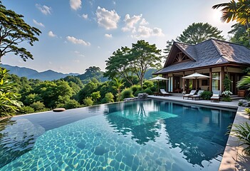 Obraz premium Infinity pool in a country house, surrounded by lush vegetation