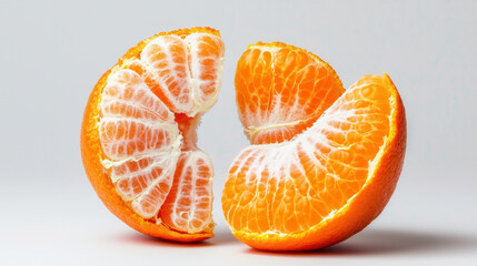 Two oranges are cut in half, revealing their juicy, orange flesh